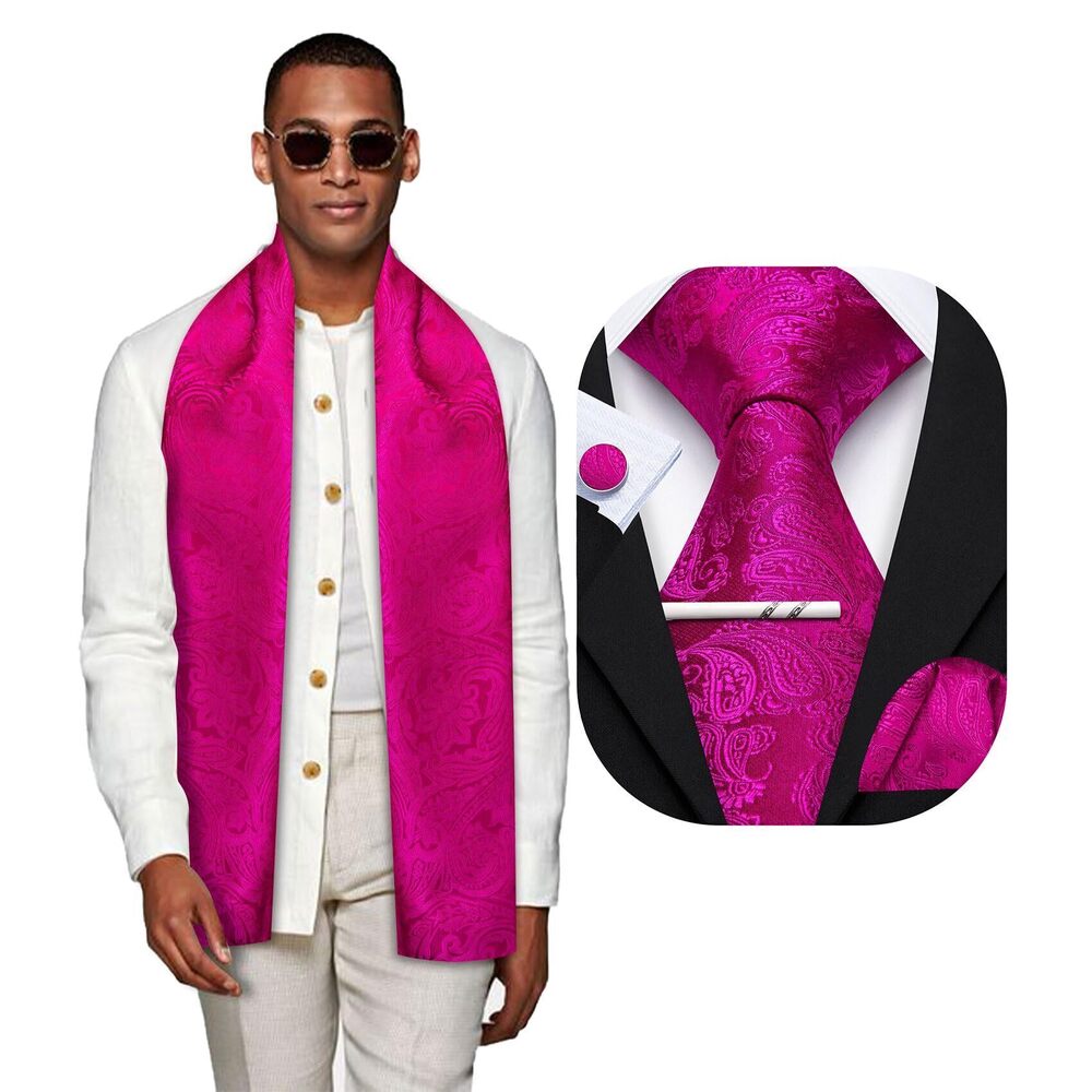 9710 Hot Pink Scarf and Tie with Tie Clip Paisley Silk Necktie Pocket